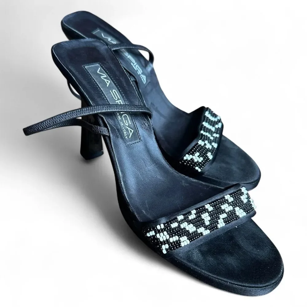 Via Spiga Black Beaded Slingback Heels 7.5M Open Toe Evening Sandals Italy